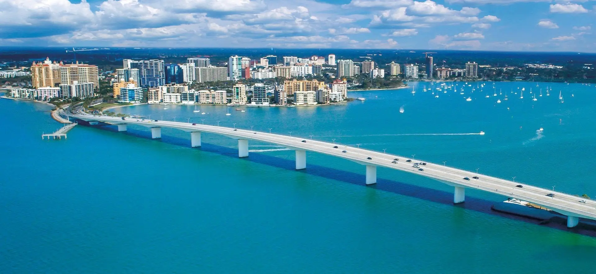 Aerial view over John Ringling Causeway and downtown Sarasota, Florida